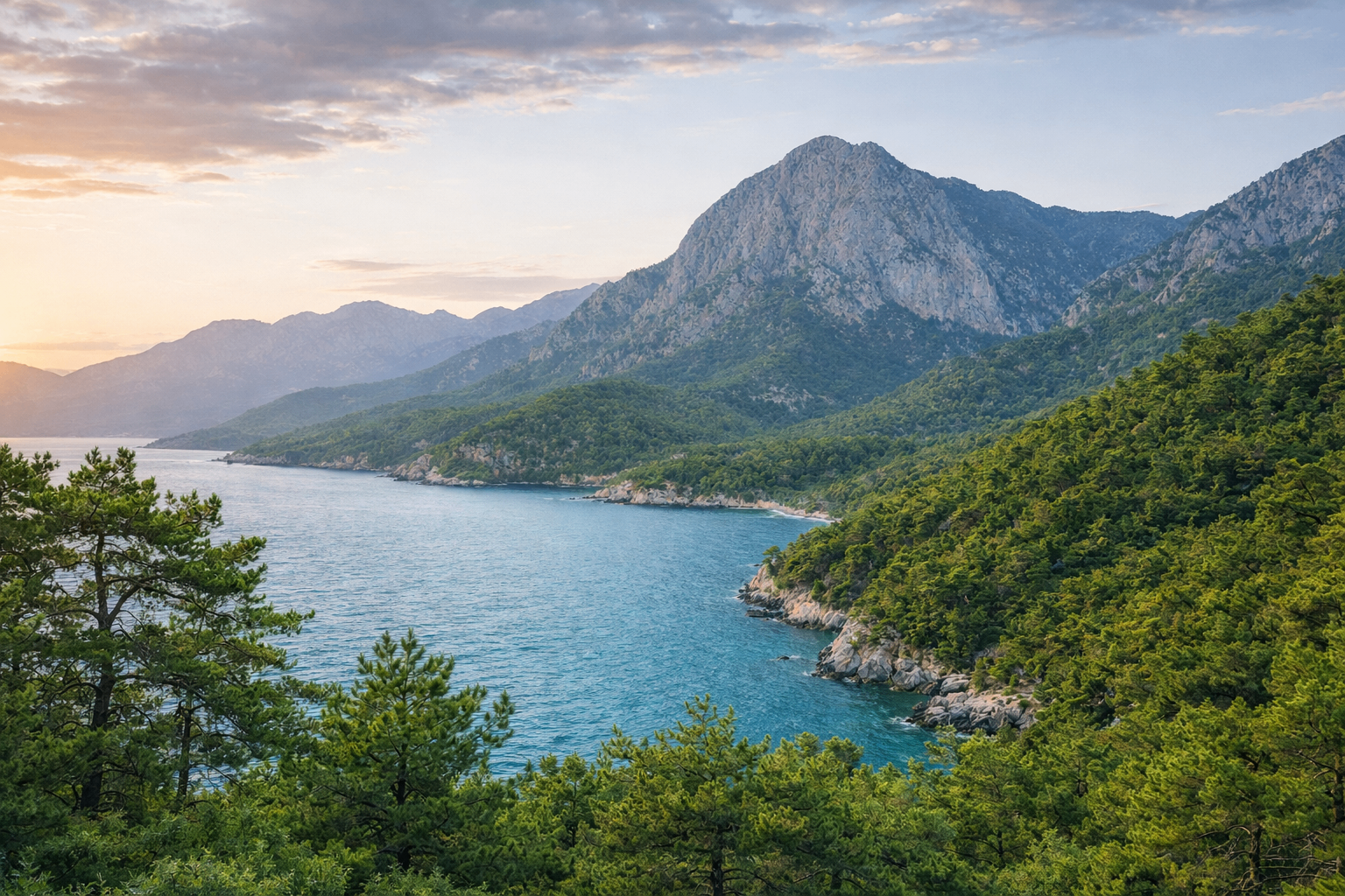 Zeytin ağaçları, çam ormanı ve uzakta uzanan deniz manzarasıyla huzurlu bir Akdeniz vadisi